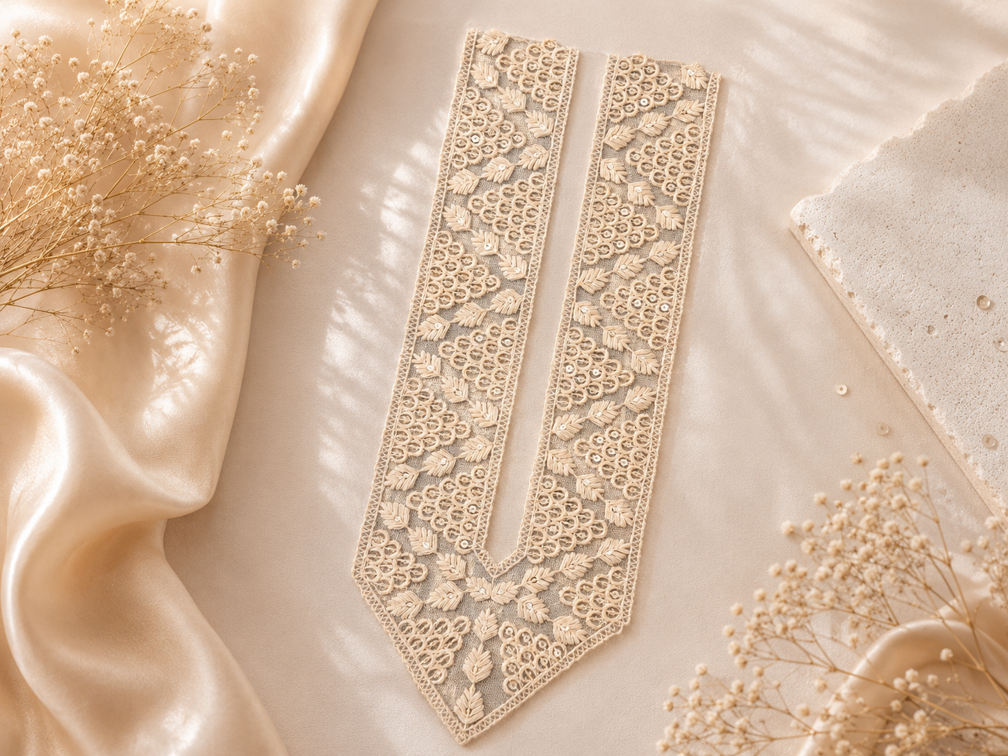 Cream Embroidered V-Neck Lace Patch with Sequin Work