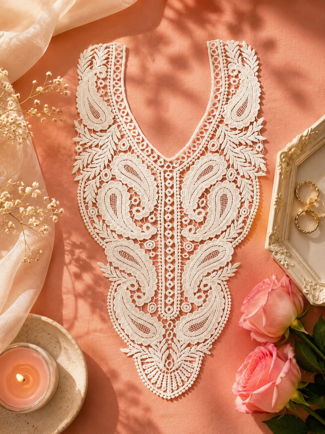Ivory Heavy Paisley Embroidered Kurti Front Neck Panel