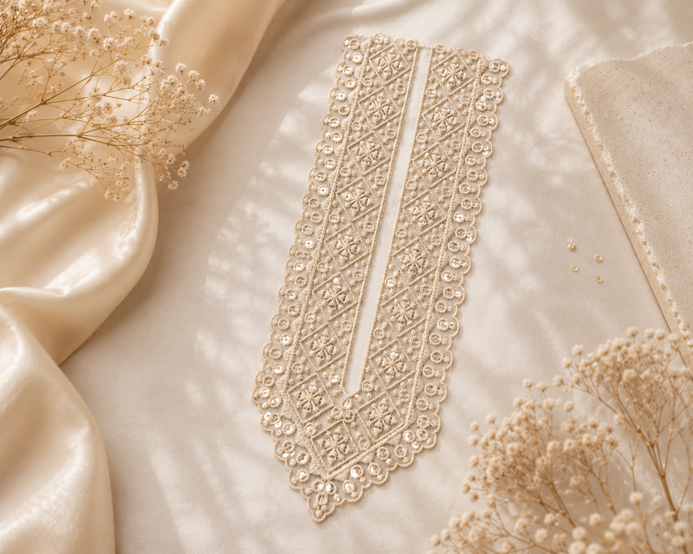White Embroidered Neckline Lace Patch with Mirror Work