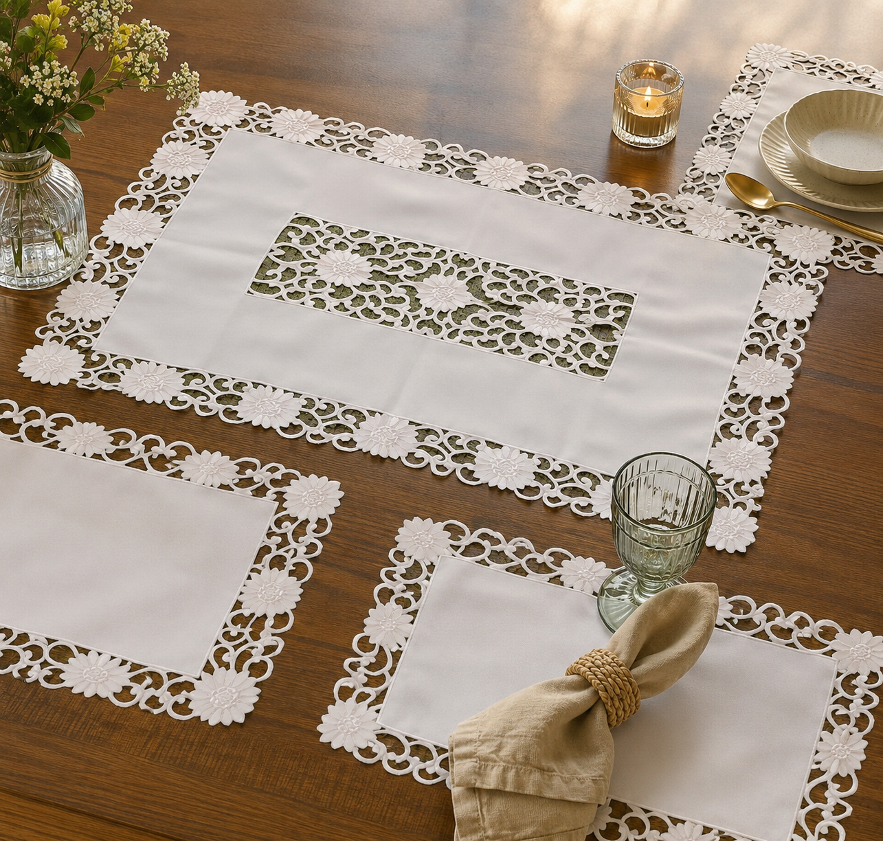 White Floral Lace Embroidered Table Mat & Placemat Set (7-Piece Set) (1 Large Center Table Mat + 6 Small Placemats)
