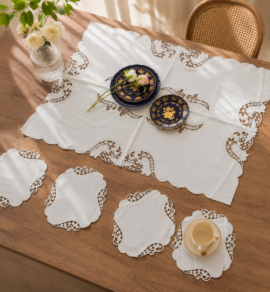 Elegant White Lace Cutwork Table Mat & Placemat Set (7-Piece Set)  (1 Large Center Table Mat + 6 Small Circular Placemats)