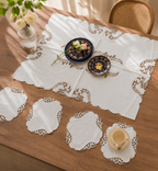 Elegant White Lace Cutwork Table Mat & Placemat Set (7-Piece Set)  (1 Large Center Table Mat + 6 Small Circular Placemats)