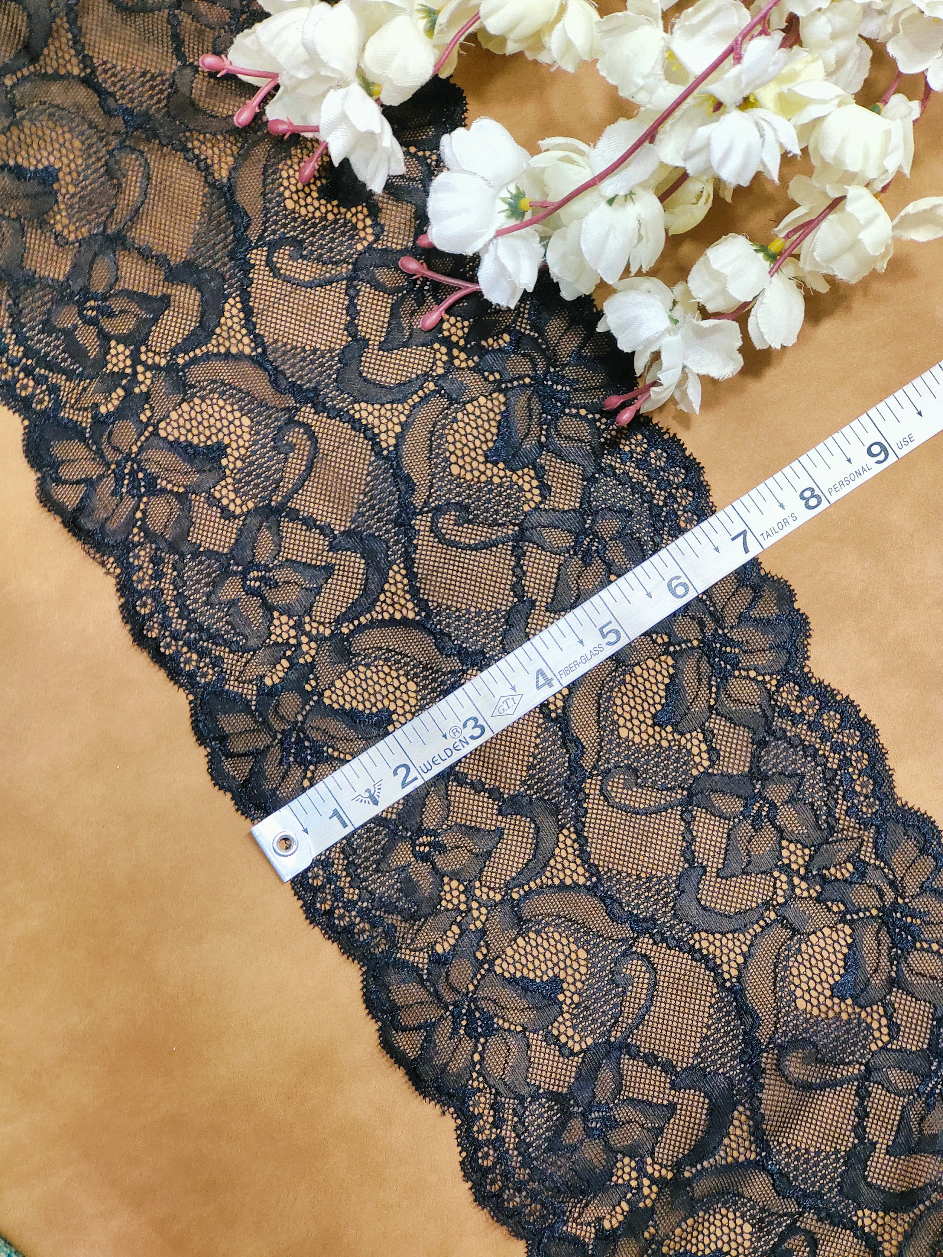 Elastic Lace - Black Floral Lycra Lace (Width - 6.5 inch)