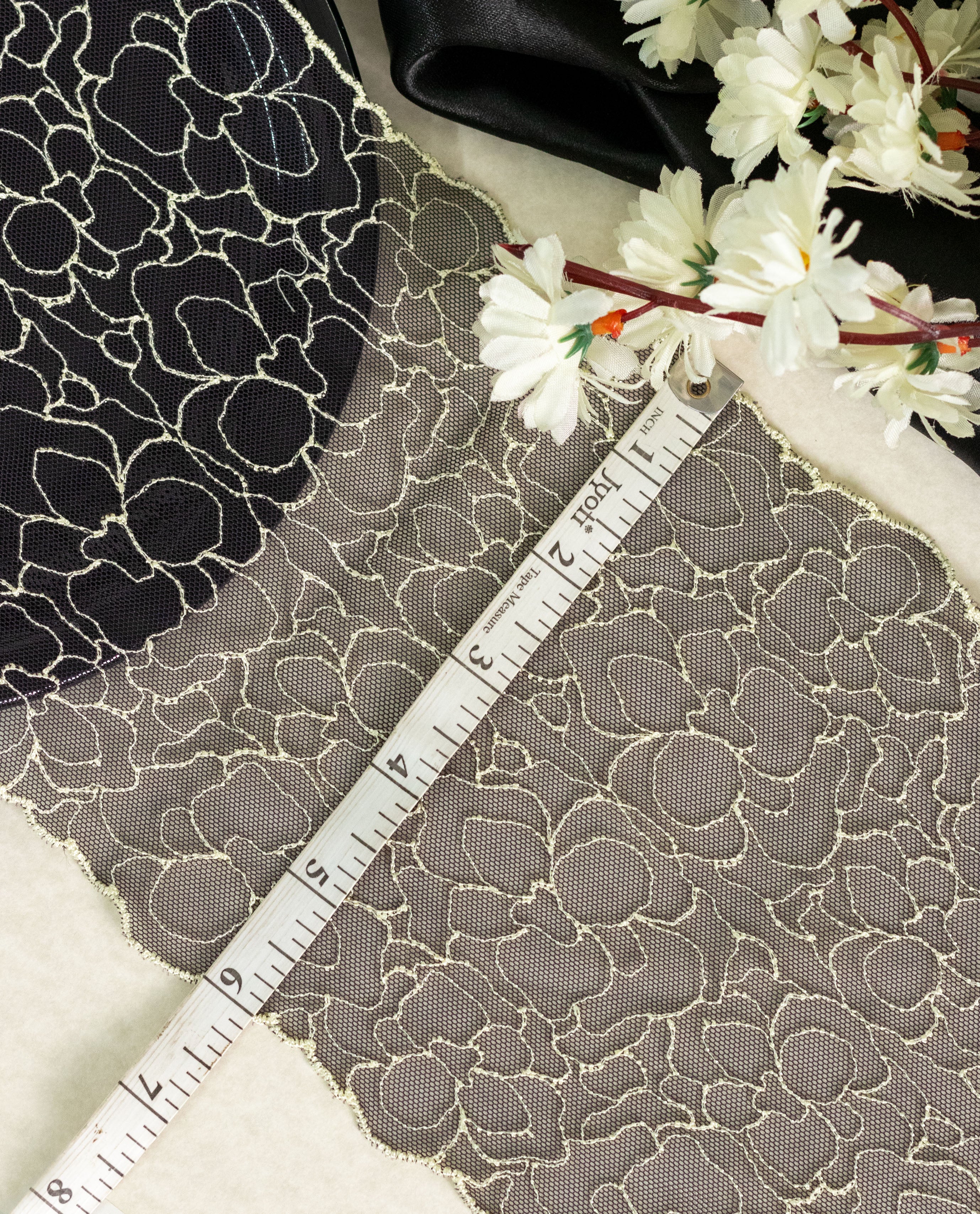Net Lace - Off White Roses Embroidered on Black Net Lace (Width - 6 inch)