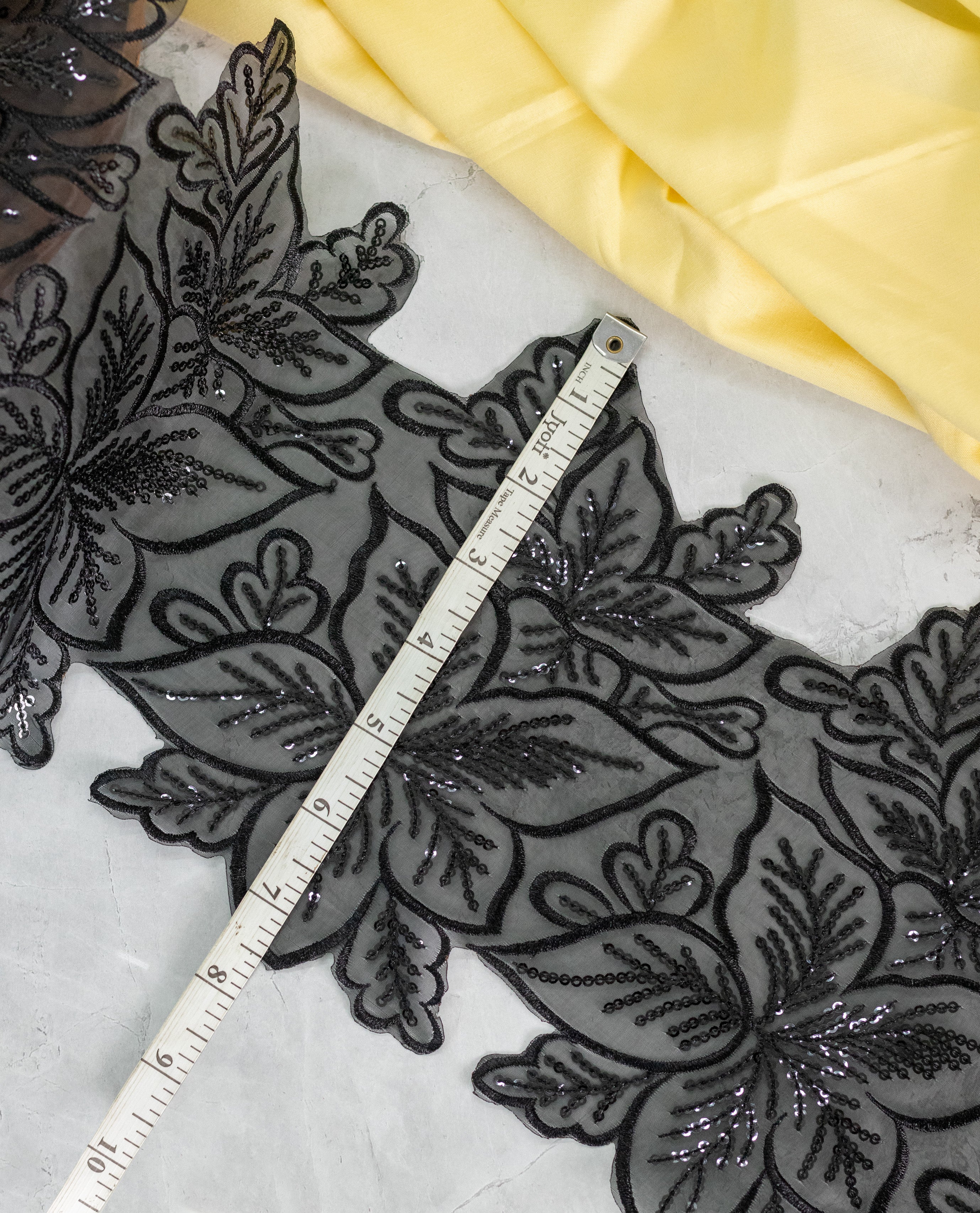 Organza Lace - Black Floral Motif Border with Sequins (Width - 7 inch)