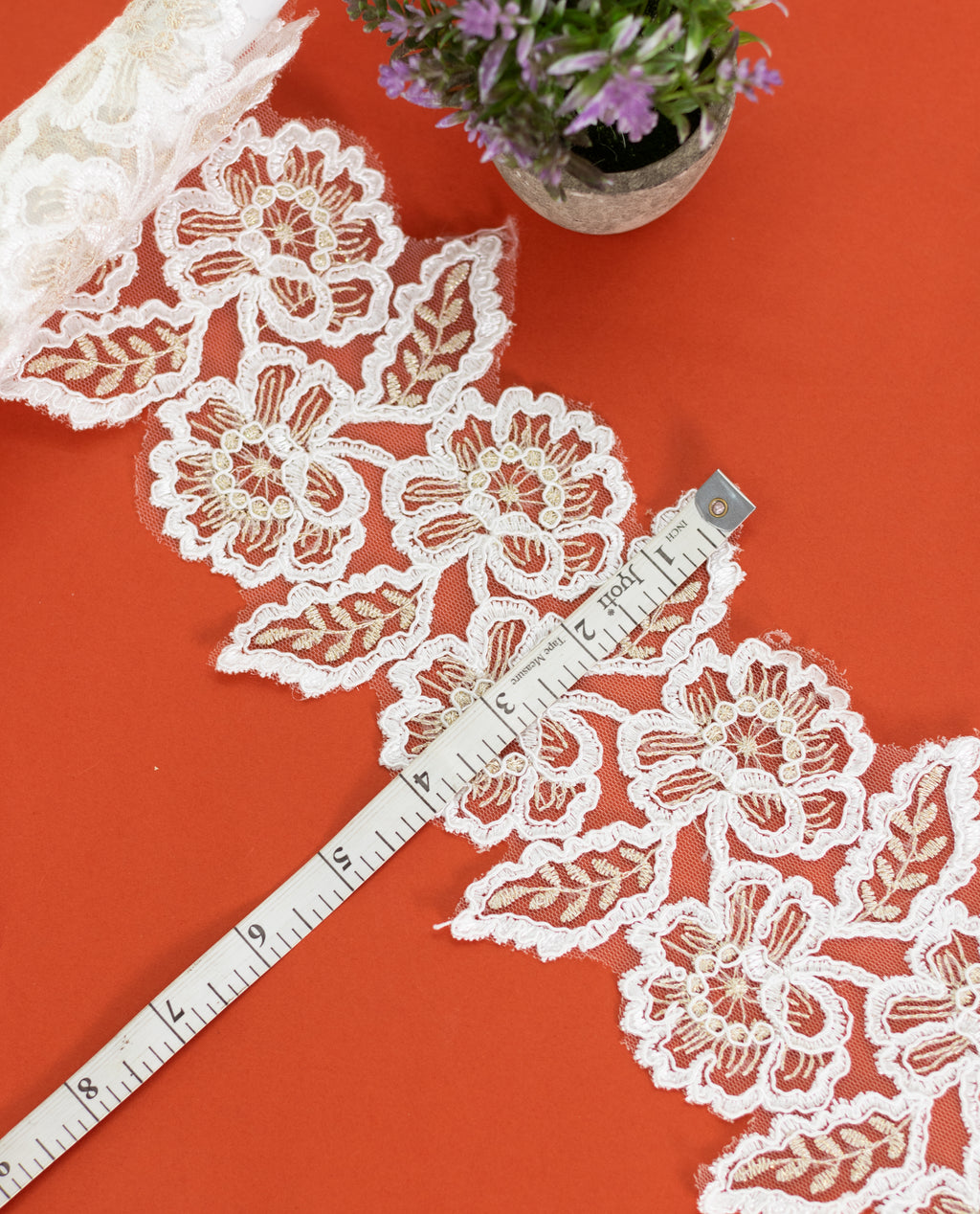 Net Lace - White/Black Cording lace with Gold Zari (Width - 5 inch)