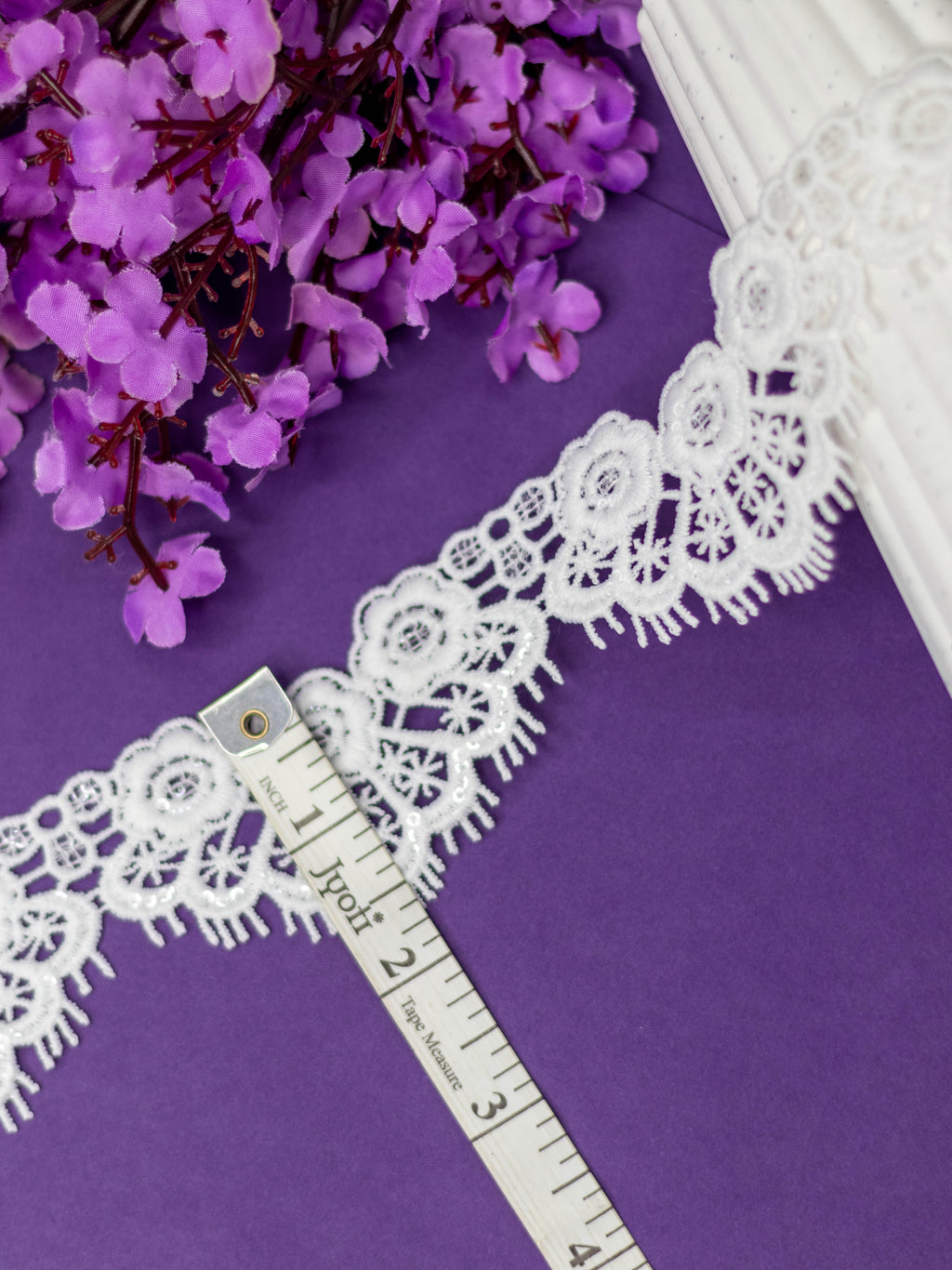 GPO Lace - Floral Motifs, Scalloped Edge & Sequin Accents (Width - 1.75 Inch)
