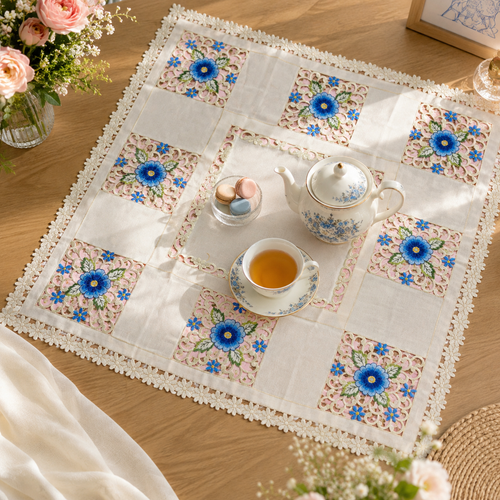 Blue Floral Lace Embroidered Square Table Cover (34 × 34 Inch)