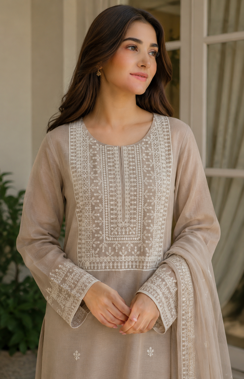 White Embroidered Kurti Front Neck Panel with Sequin Work