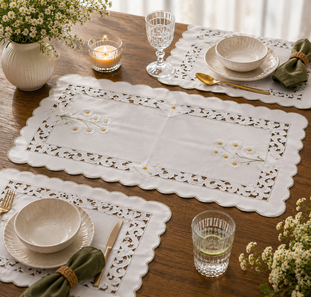 White Floral Lace Cutwork Table Mat & Placemat Set (7-Piece Set) (1 Large Center Table Mat + 6 Small Placemats)