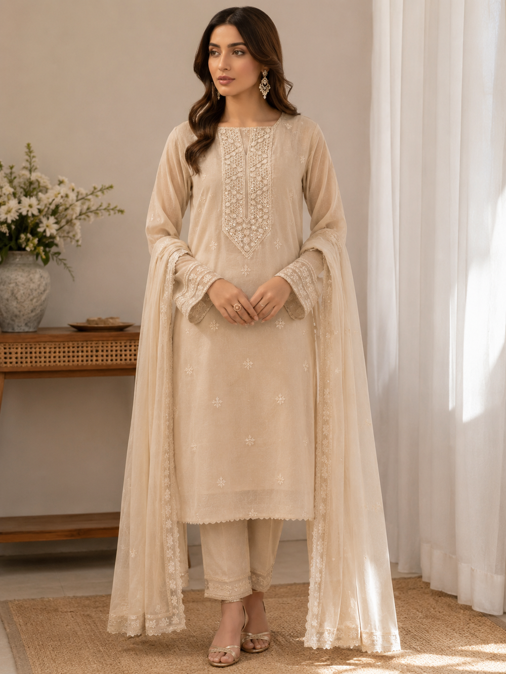 Cream Embroidered V-Neck Lace Patch with Sequin Work