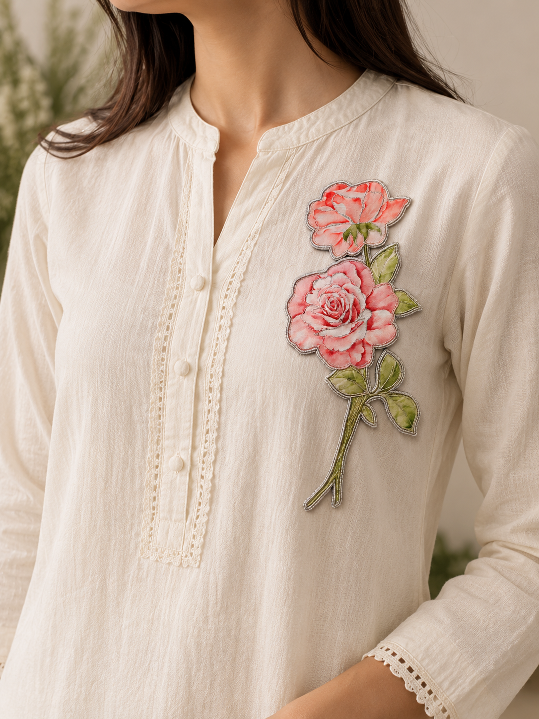 Pink Rose Floral Embroidered Patch Applique