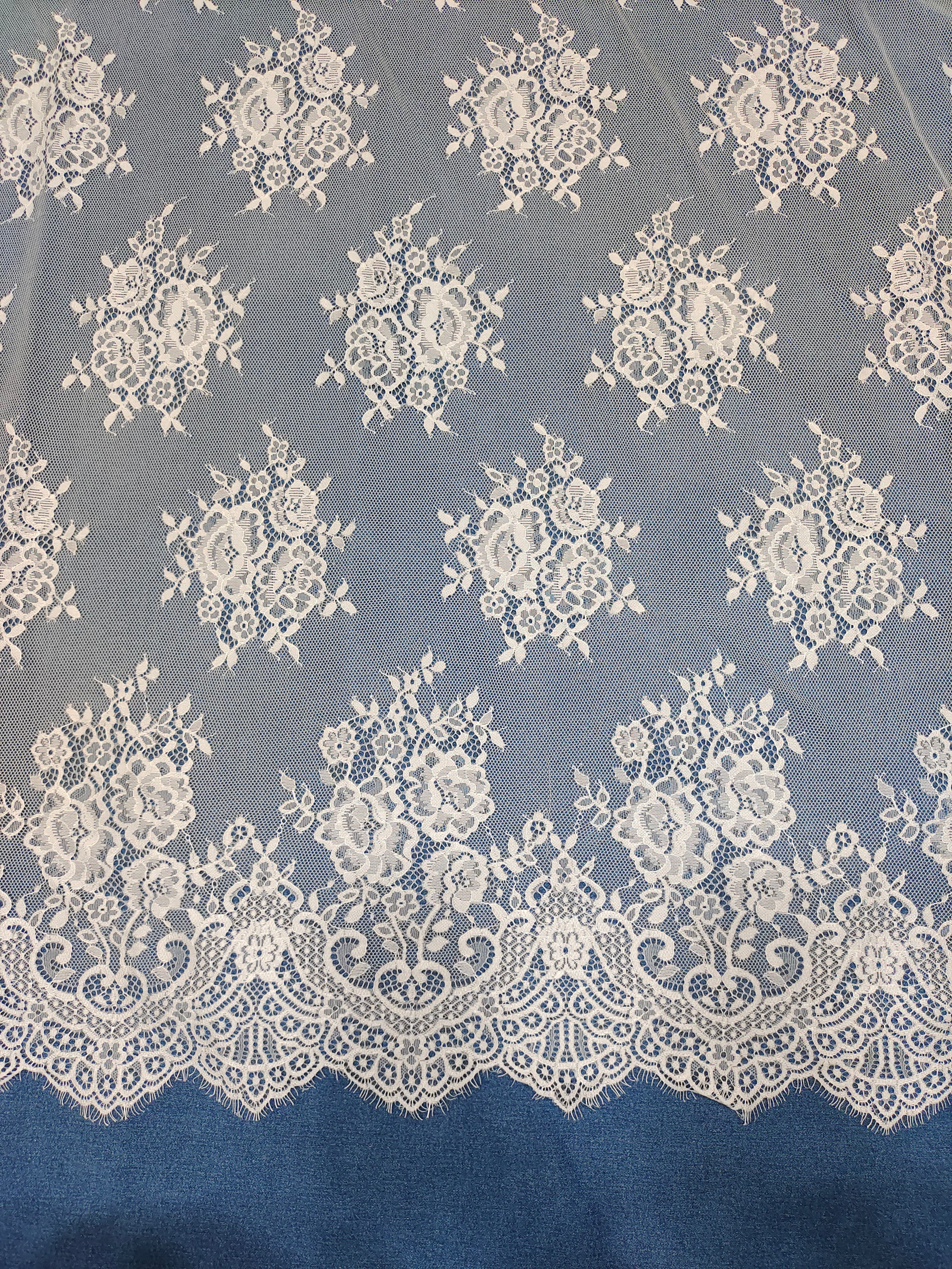 Elegant Floral Bouquet Embroidered Net Lace Fabric – Designer Scalloped Border with Allover Motif Pattern (Approx. 12–14 Inch Width)