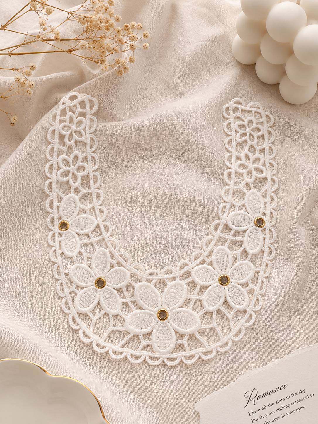 White Floral Embroidered U-Neck Lace Patch with Rivet Eyelet