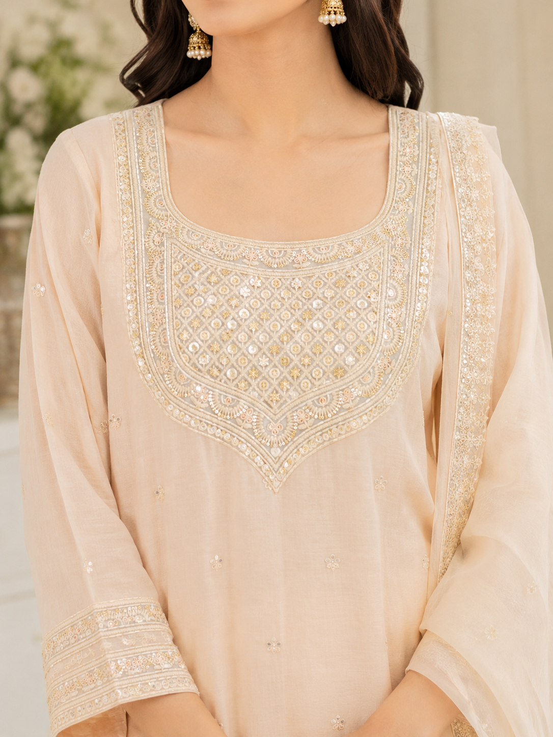 Ivory Embroidered Kurti Front Neck Panel with Sequin & Thread Work