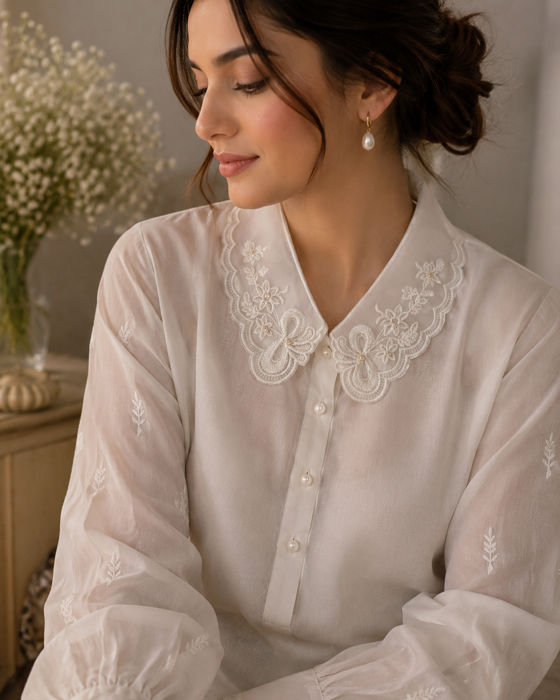 White Embroidered V-Neck Collar Lace Applique Pair with Sequin & Stone Wo