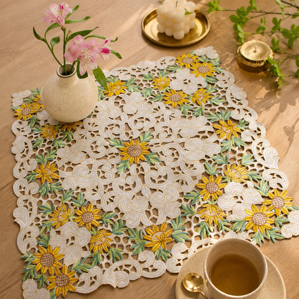 Sunflower Floral Lace Embroidered Square Table Cover (34 × 34 Inch)
