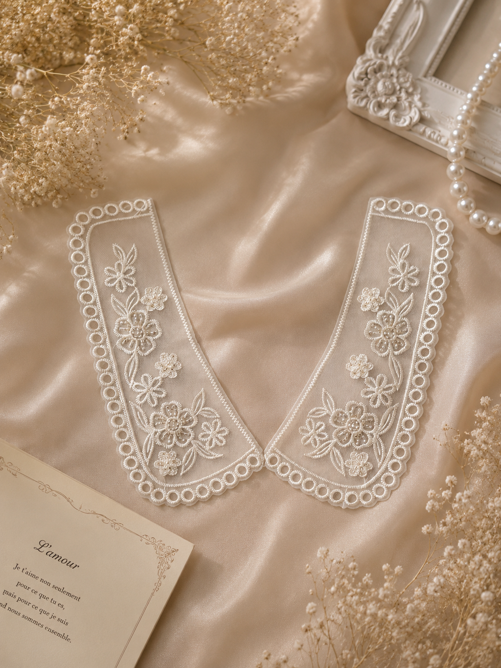 White Floral Embroidered Collar Lace Applique Pair with Loop Border