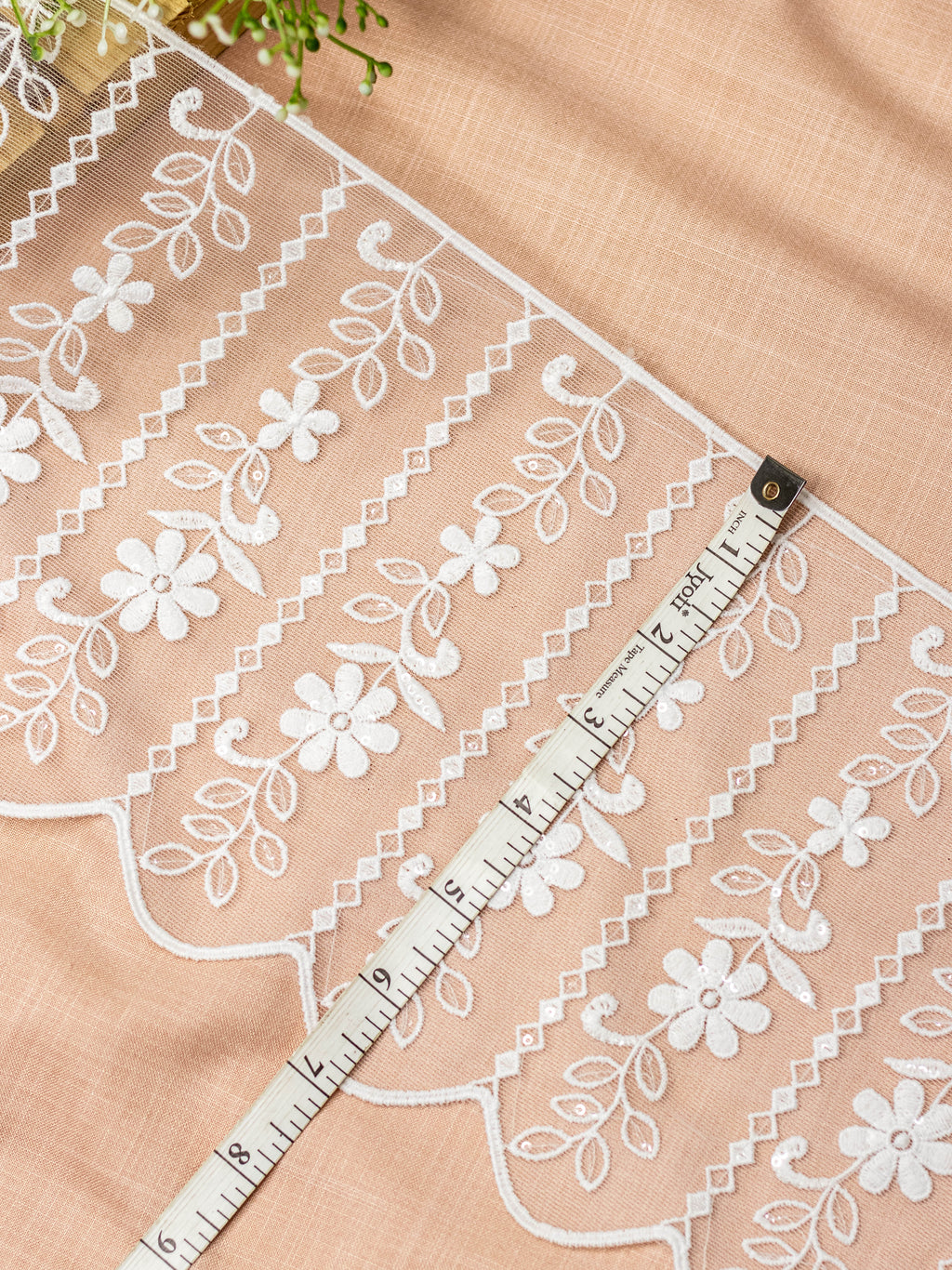 Net Lace - Vertical lines Embroidered net lace with sequins (Width - 7 inch)