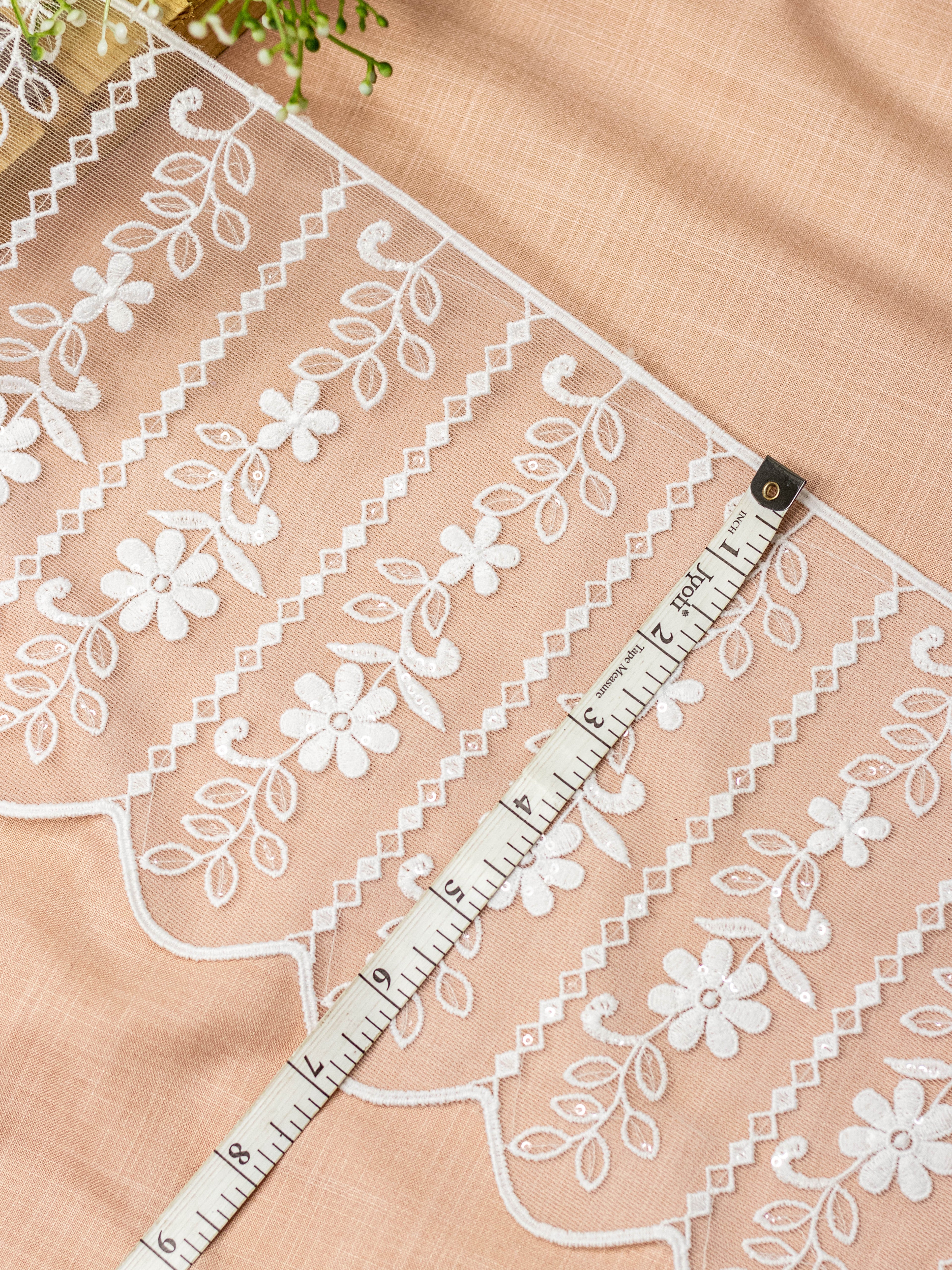 Net Lace - Vertical lines Embroidered net lace with sequins (Width - 7 inch)