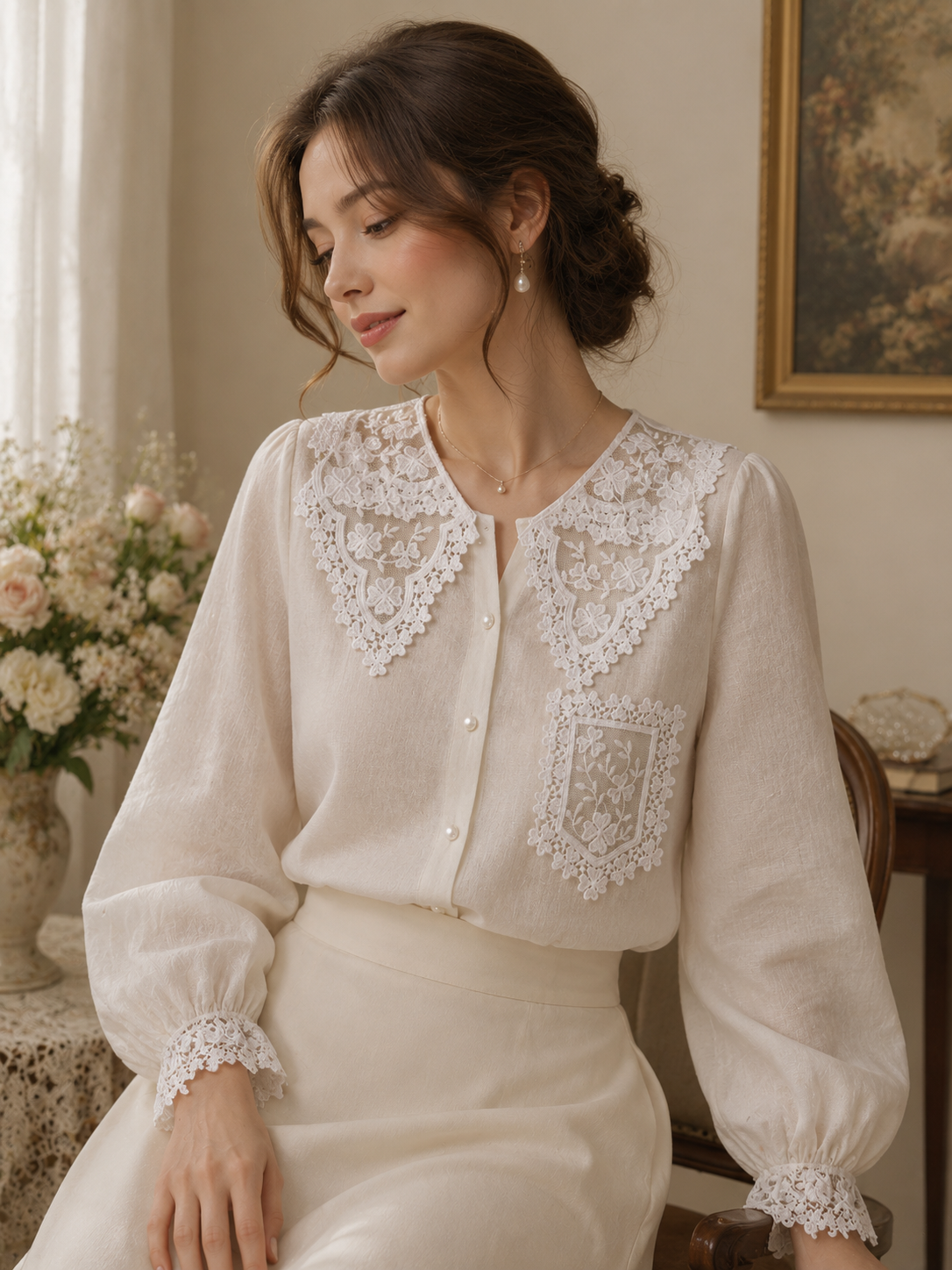 Embroidered Net Collar and Pocket Combo