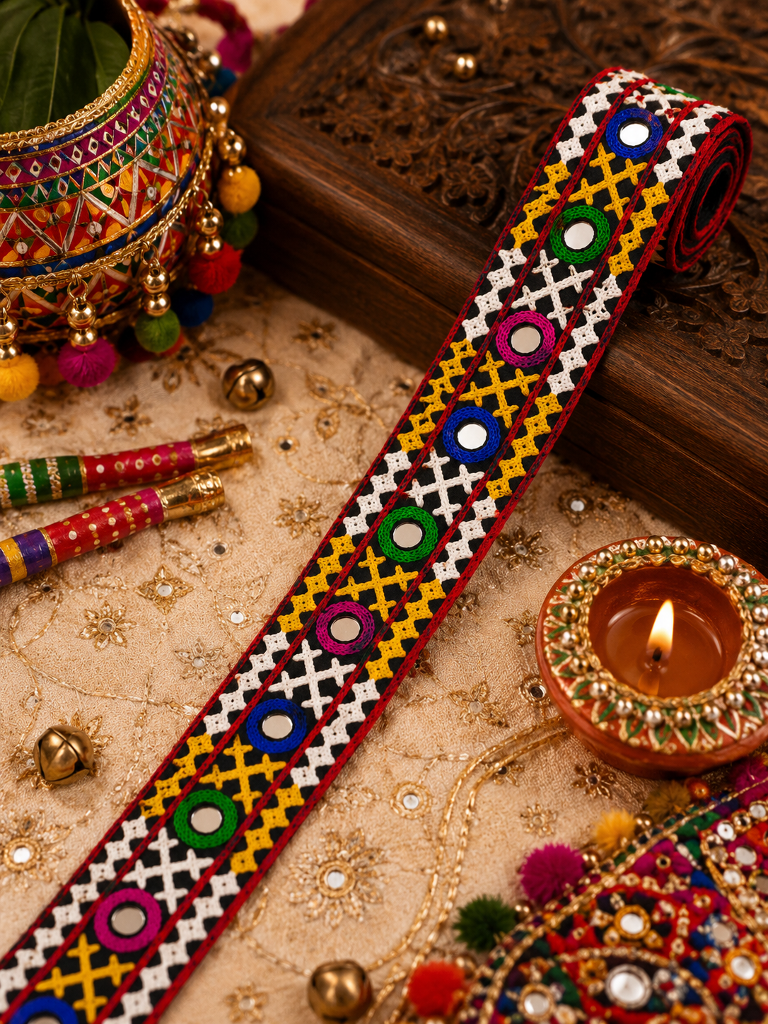 Multicolour Ethnic mirror work lace 9 mtr (Width - 2 inch)