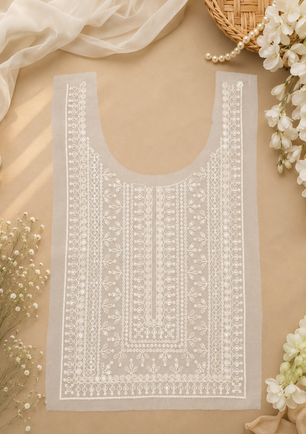 White Embroidered Kurti Front Neck Panel with Sequin Work