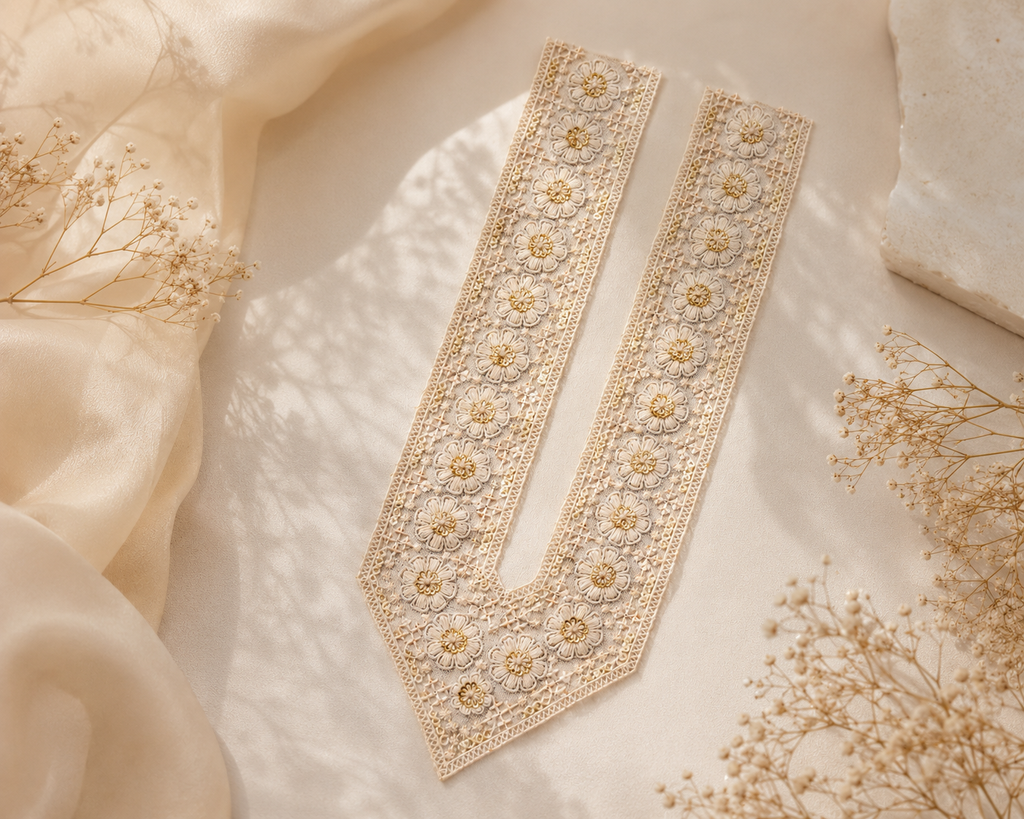 White Floral Embroidered V-Neck Lace Patch with Sequin Work