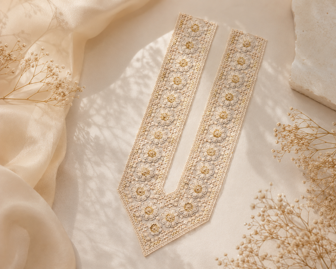 White Floral Embroidered V-Neck Lace Patch with Sequin Work