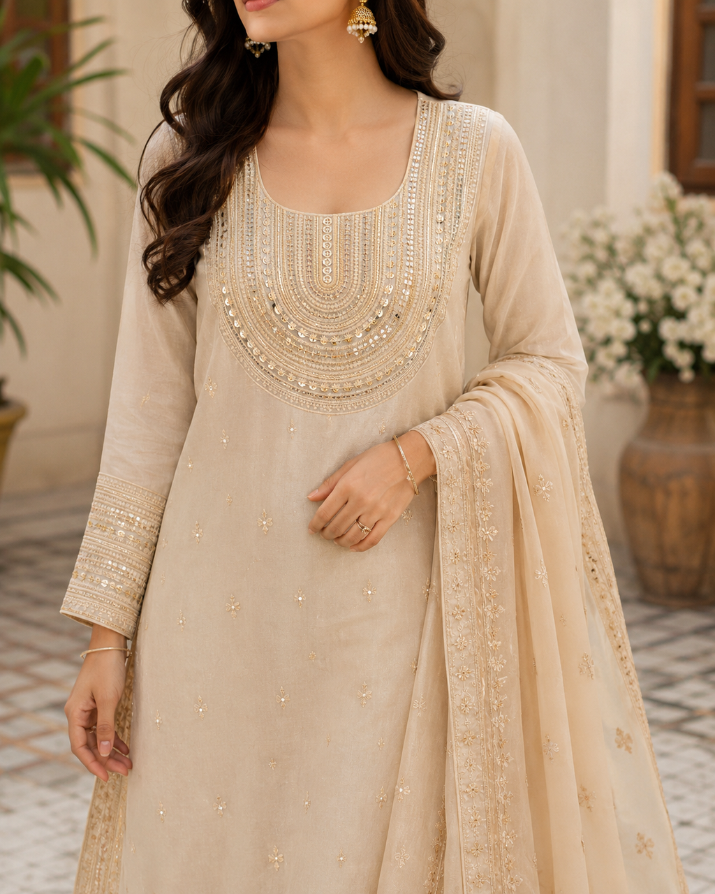 Cream Embroidered Kurti Front Neck Panel with Zari & Sequin Work
