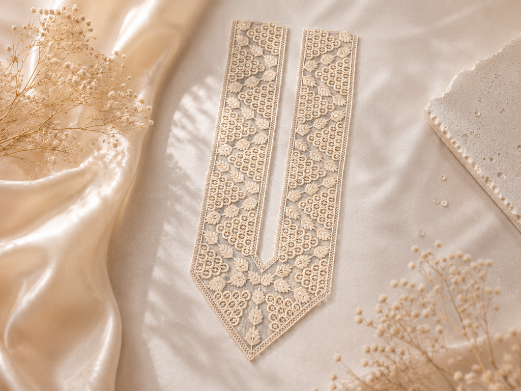 Cream Embroidered V-Neck Lace Patch with Sequin Work