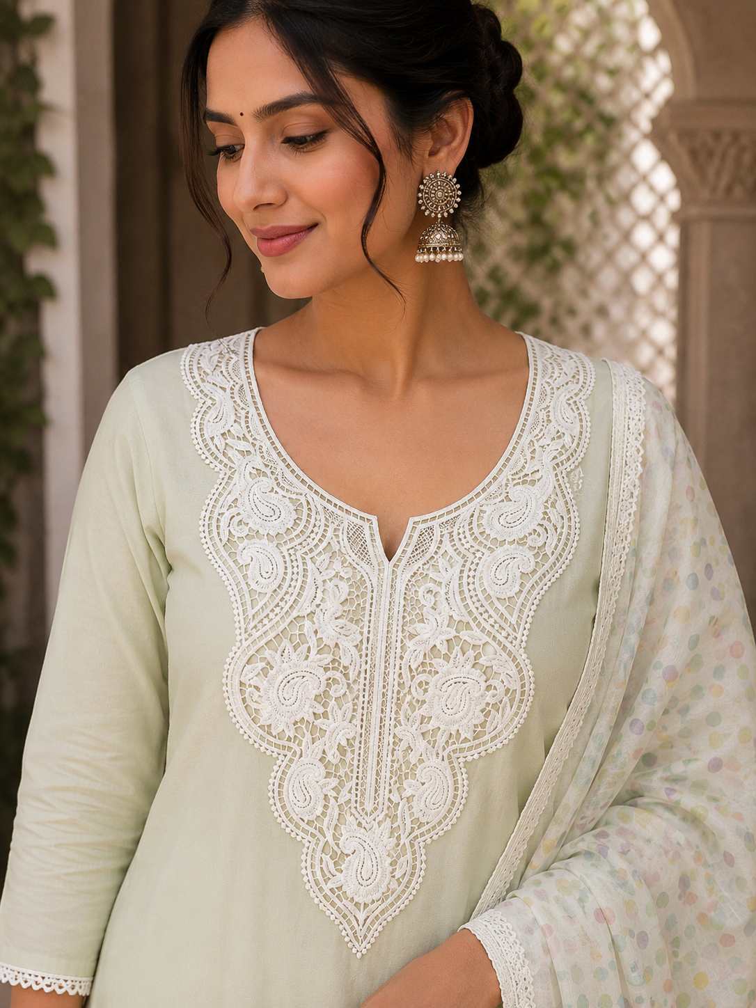 Ivory Heavy Embroidered Kurti Front Neck Panel with Paisley Thread Work