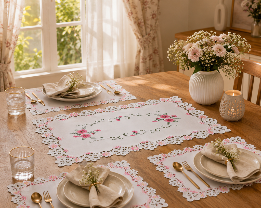 Pink Floral Lace Embroidered Table Mat & Placemat Set (7-Piece Set)  (1 Large Center Table Mat + 6 Small Placemats)