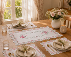 Pink Floral Lace Embroidered Table Mat & Placemat Set (7-Piece Set)  (1 Large Center Table Mat + 6 Small Placemats)