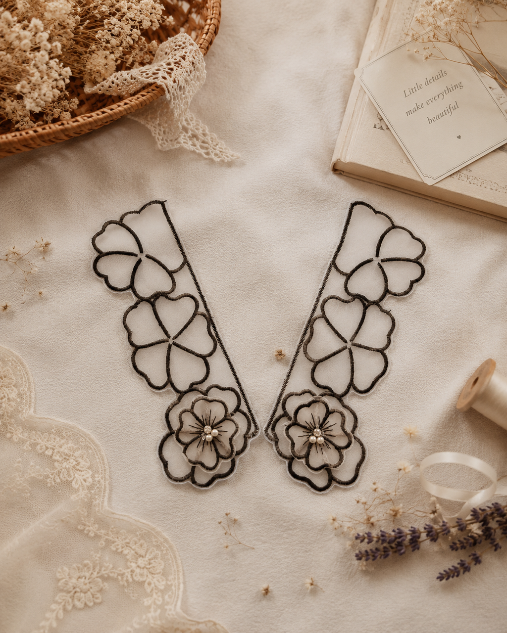 Black Floral Embroidered Collar Lace Applique Pair with Pearl Detailing