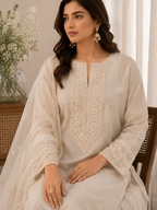 White Floral Embroidered V-Neck Lace Patch with Sequin Work