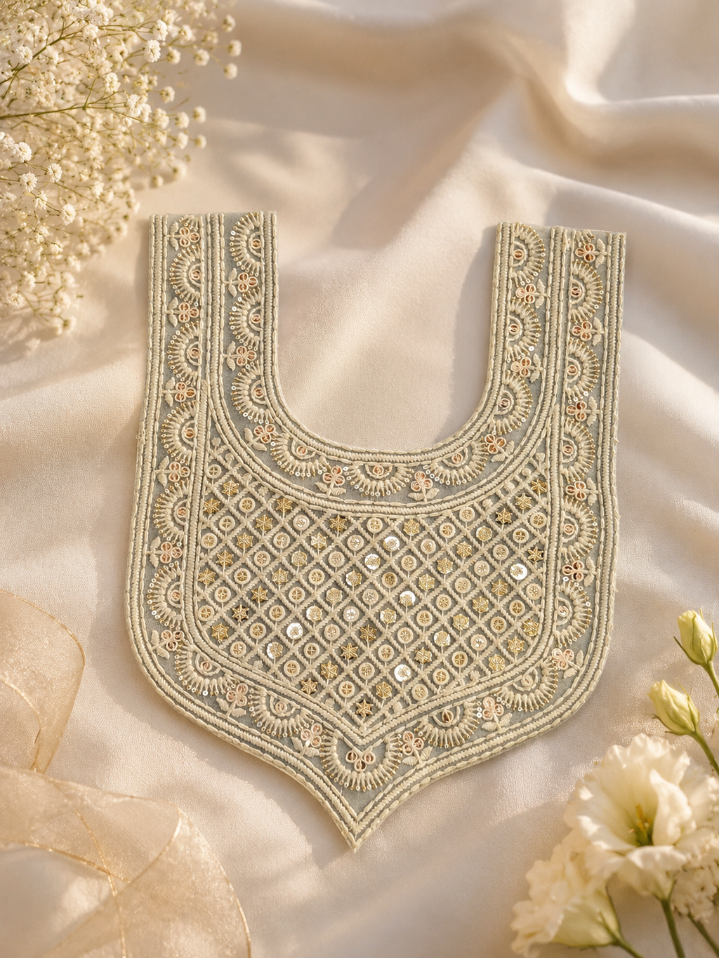Ivory Embroidered Kurti Front Neck Panel with Sequin & Thread Work