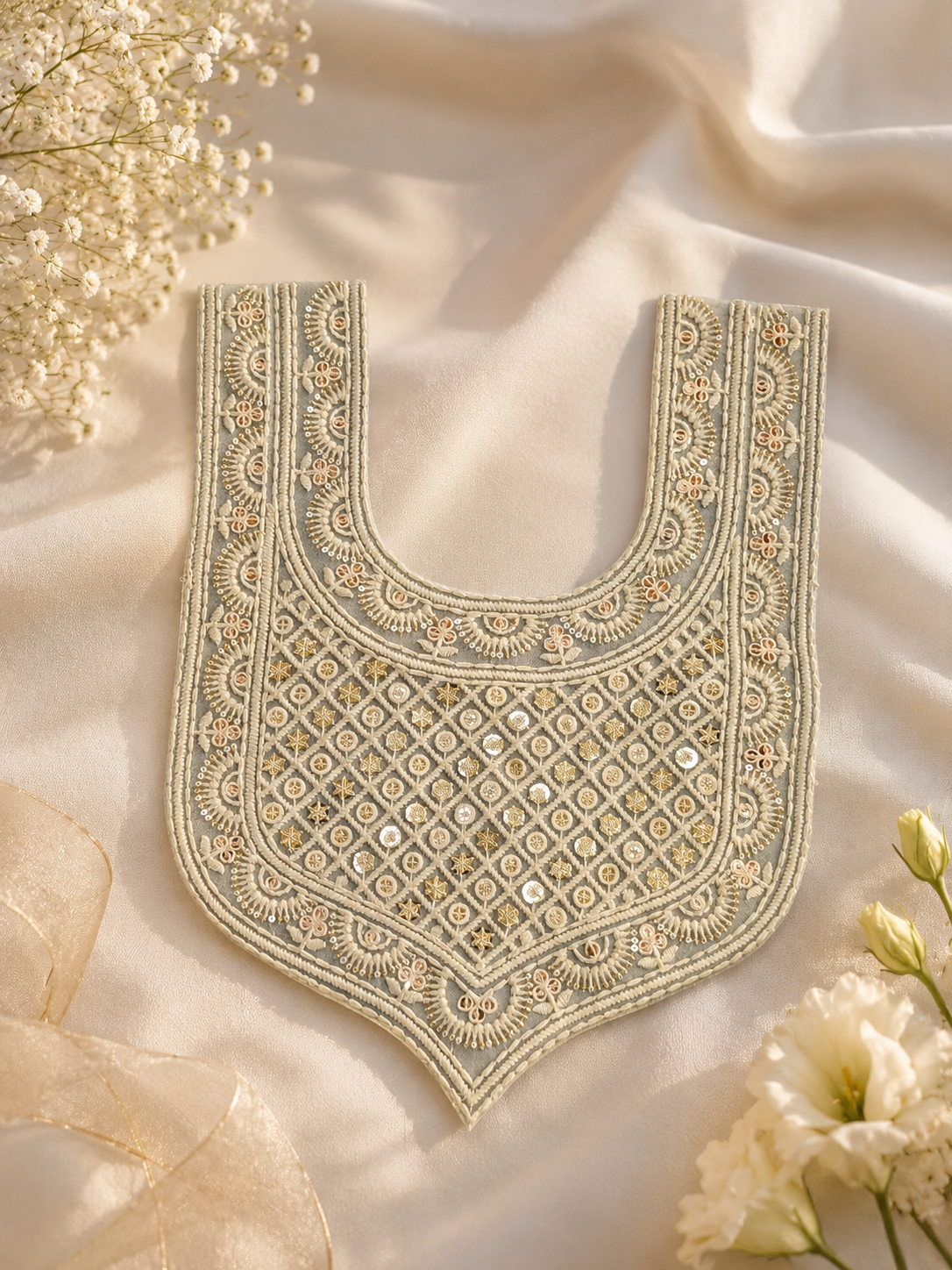 Ivory Embroidered Kurti Front Neck Panel with Sequin & Thread Work