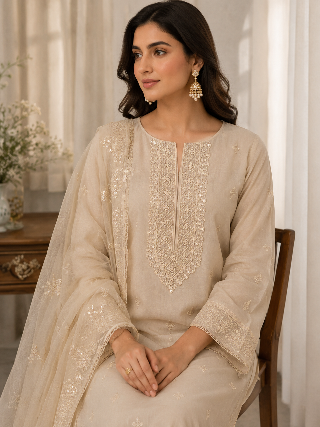 White Embroidered Neckline Lace Patch with Mirror Work