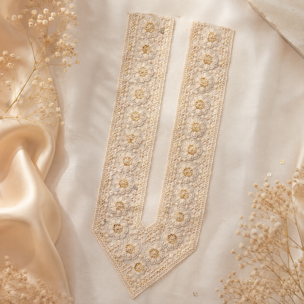White Floral Embroidered V-Neck Lace Patch with Sequin Work