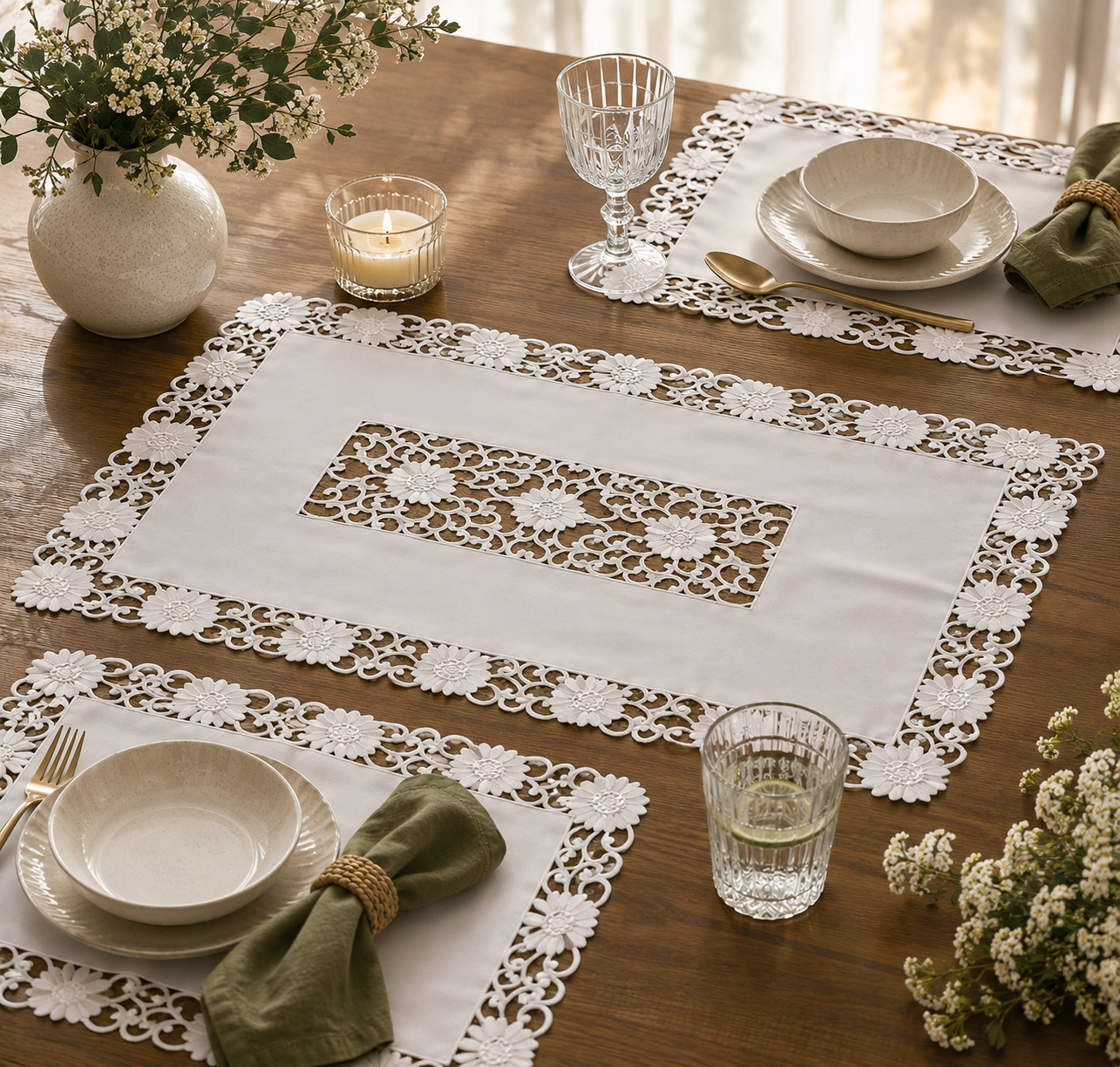 White Floral Lace Embroidered Table Mat & Placemat Set (7-Piece Set) (1 Large Center Table Mat + 6 Small Placemats)