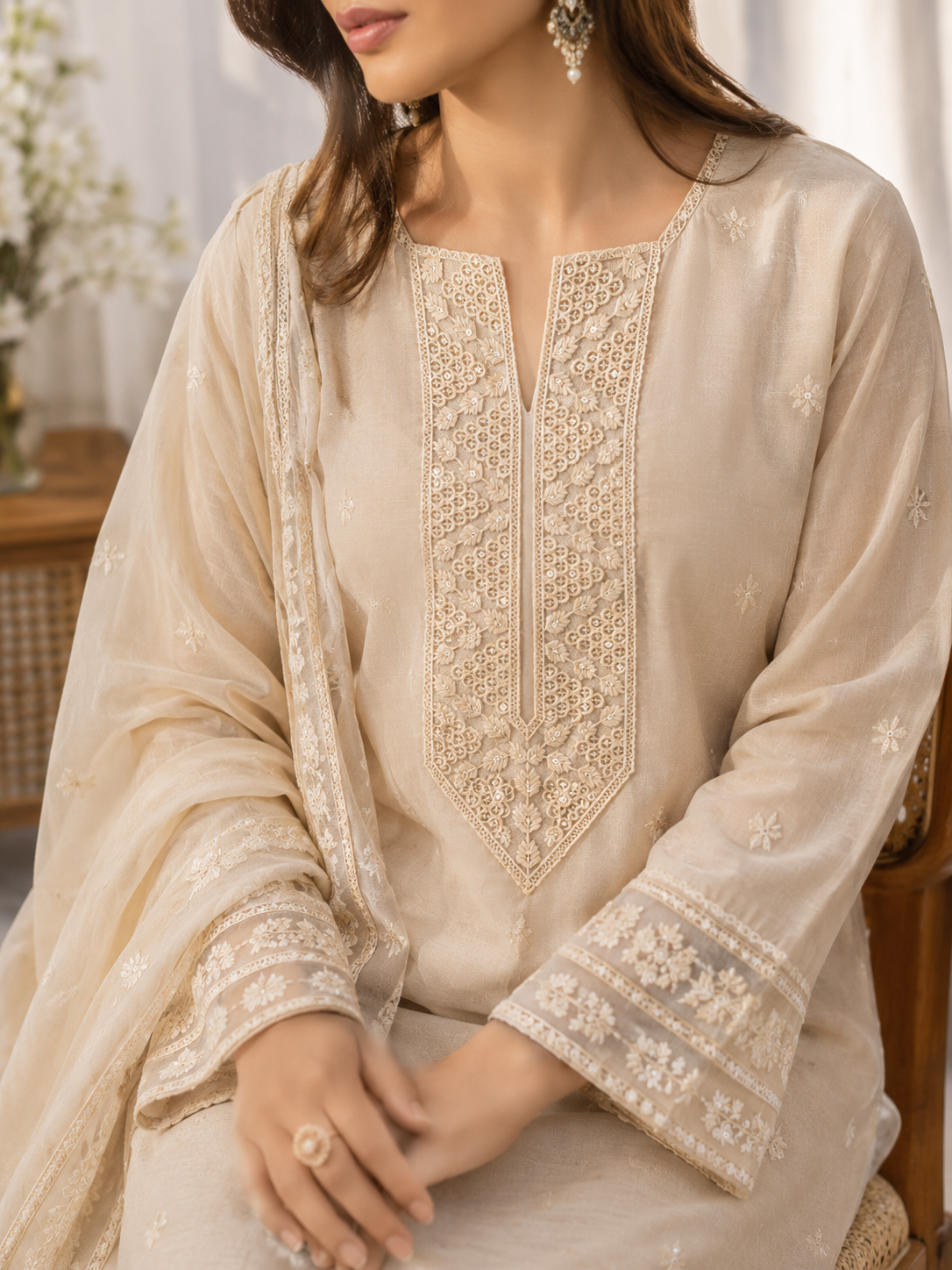 Cream Embroidered V-Neck Lace Patch with Sequin Work