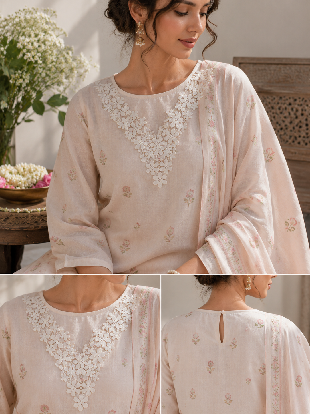 White Floral Crochet Lace V-Neck Applique – Handmade Neckline Patch for Kurtis, Dresses & Ethnic Wear