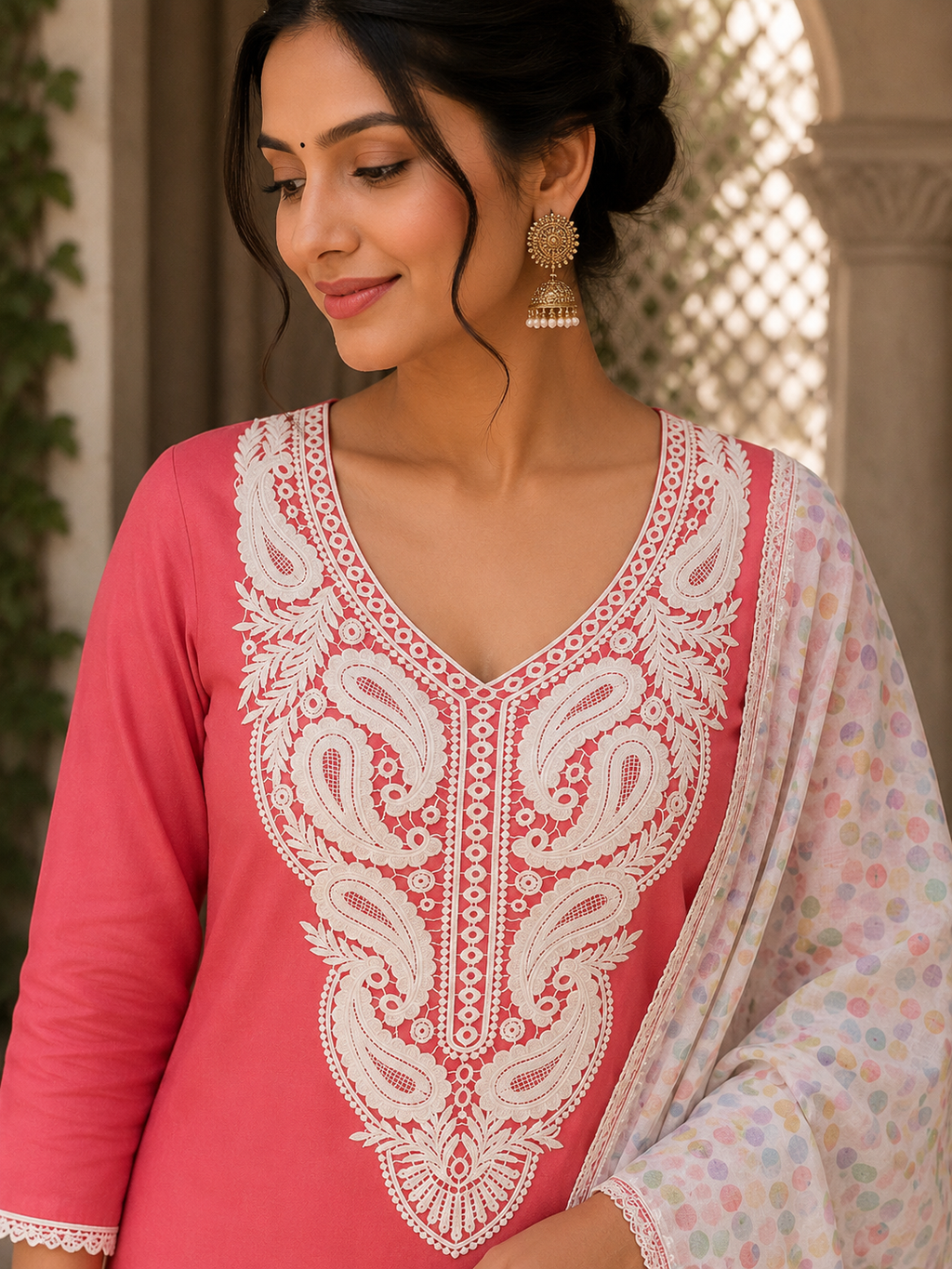 Ivory Heavy Paisley Embroidered Kurti Front Neck Panel