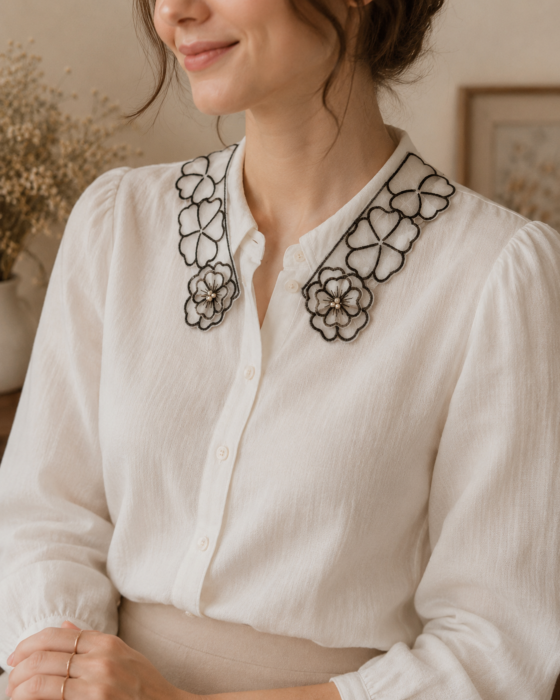 Black Floral Embroidered Collar Lace Applique Pair with Pearl Detailing