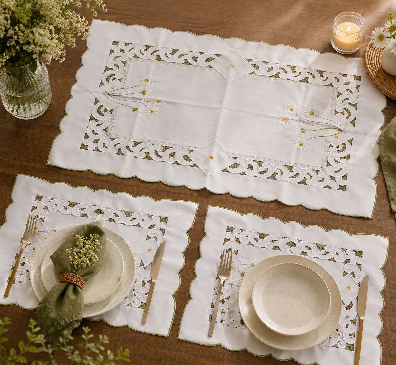 White Floral Lace Cutwork Table Mat & Placemat Set (7-Piece Set) (1 Large Center Table Mat + 6 Small Placemats)