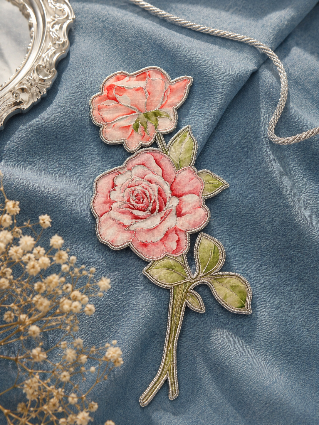 Pink Rose Floral Embroidered Patch Applique