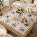 Blue Floral Lace Embroidered Square Table Cover (34 × 34 Inch)