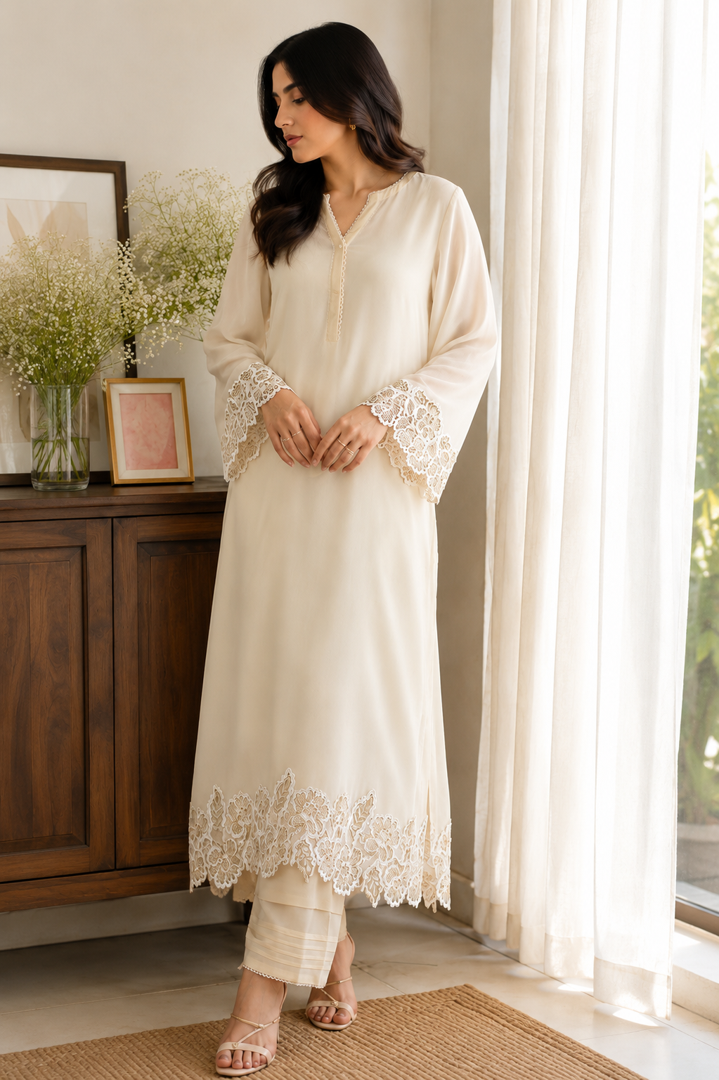 Net Lace - White/Black Cording lace with Gold Zari (Width - 5 inch)