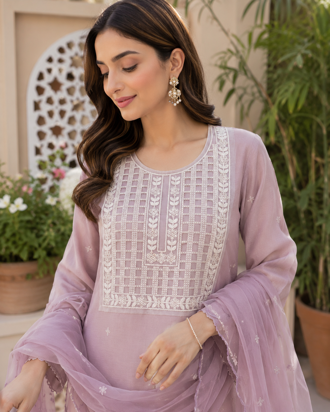 White Embroidered Kurti Front Neck Panel with Thread & Sequin Work